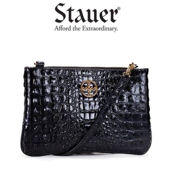 Stauer Sloane Crocodile-Embossed Clutch Black Wristlet Crossbody NWOT - Picture 1 of 13